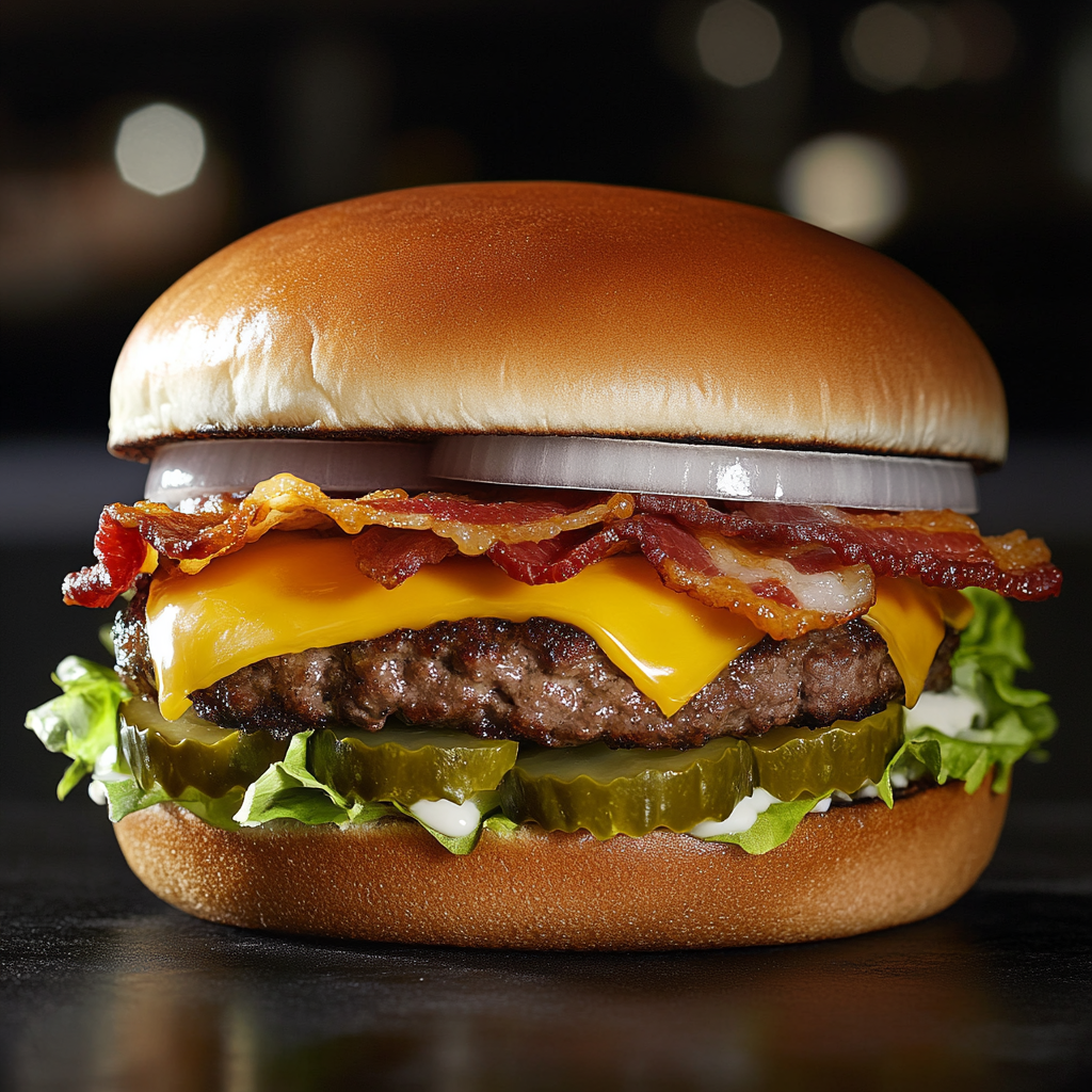 A close-up of a delicious burger featuring a juicy beef patty, melted cheddar cheese, crispy beef bacon, fresh lettuce, pickles, and onions, all nestled in a soft bun.