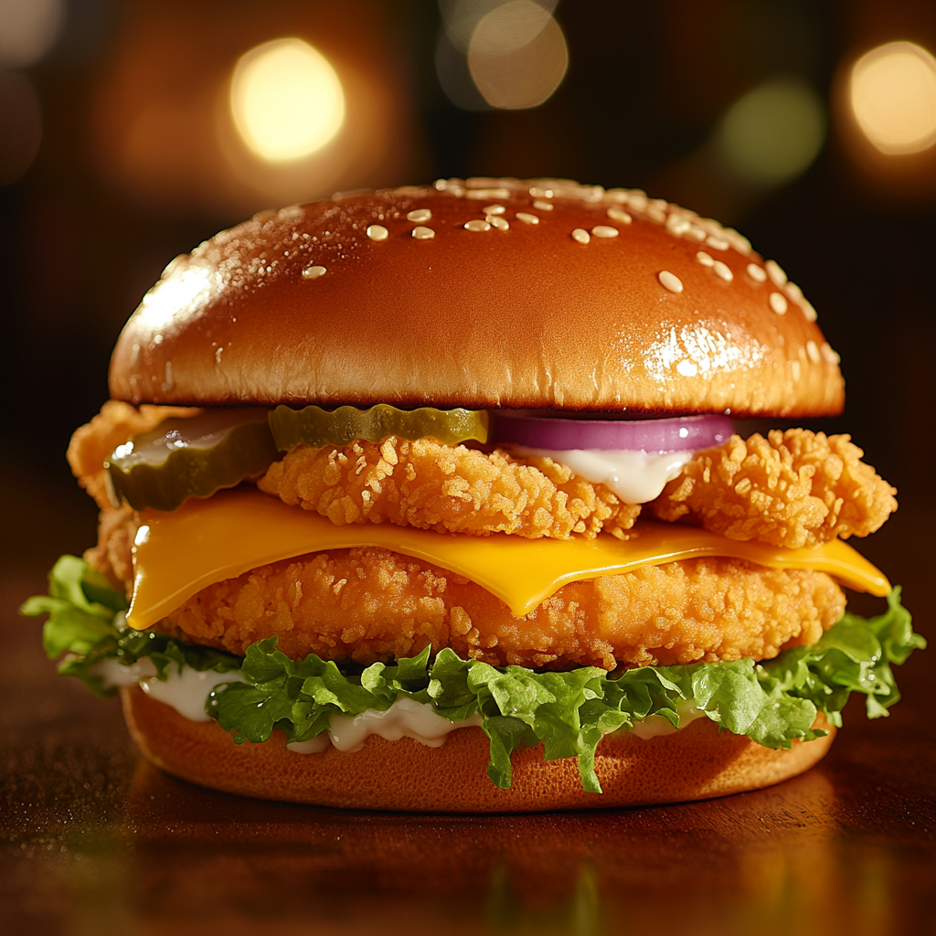 Close-up of a crispy chicken burger with two pieces of golden fried chicken, melted cheddar cheese, lettuce, pickles, onions, and chipotle sauce, served on a toasted bun.