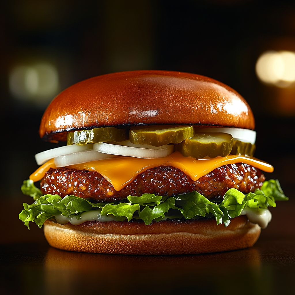 A close-up of a veggie burger featuring a toasted bun, lettuce, cheese, jalapenos, onions, and house sauce.